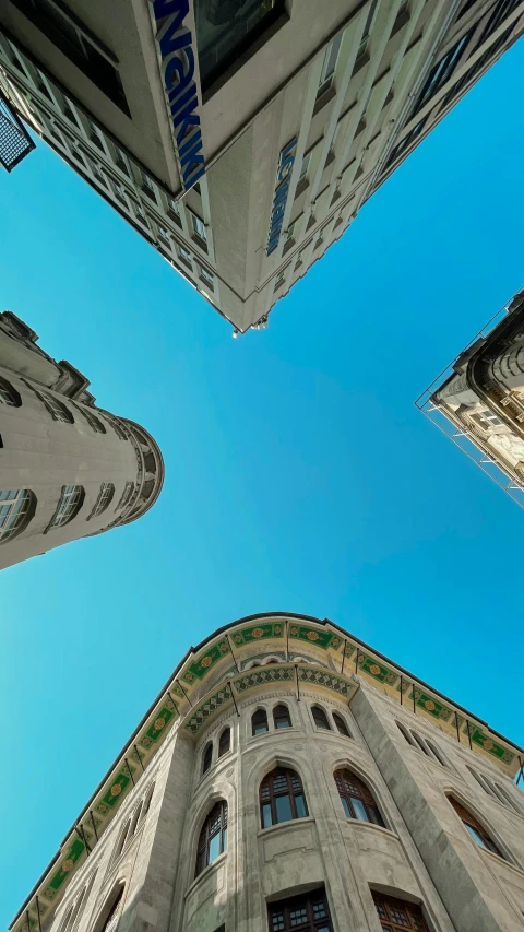 a low angle view looking at the tall buildings