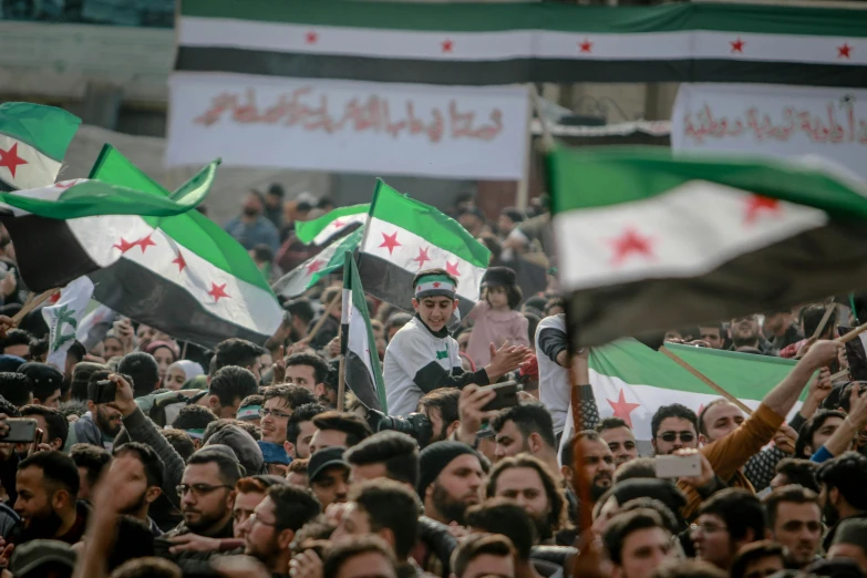 an audience holds algerian and arab american flags as they take part in a demonstration