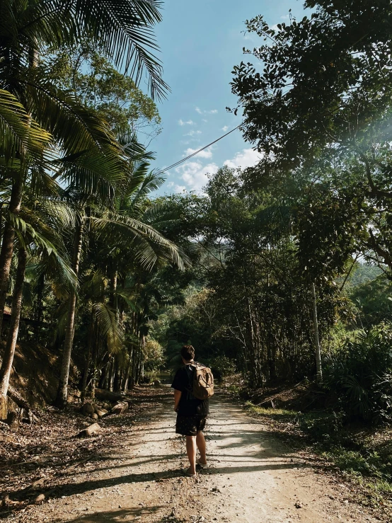 two people walking down a dirt road in the jungle