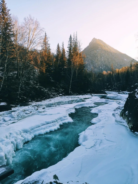 the snow is on the ground near a river