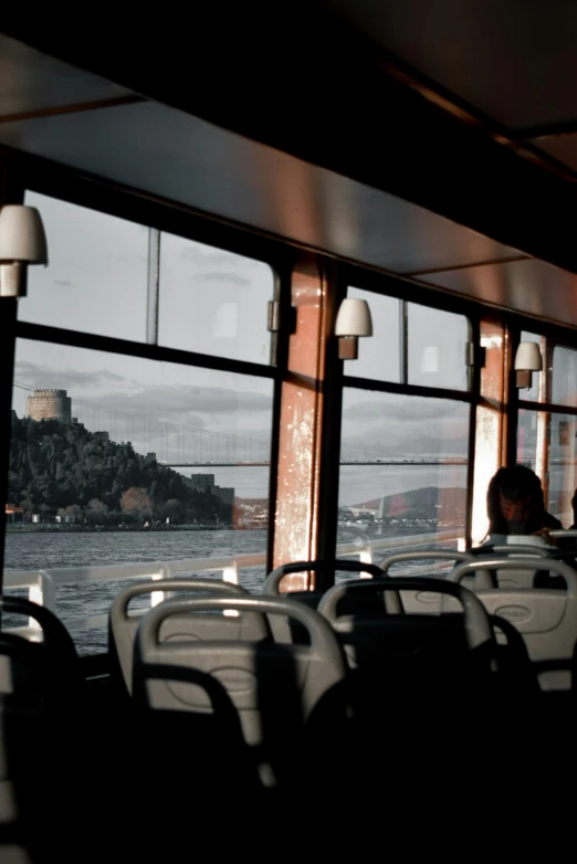 a boat is seen from inside a restaurant