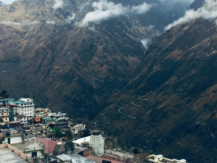 a small city nestled between a large mountain range