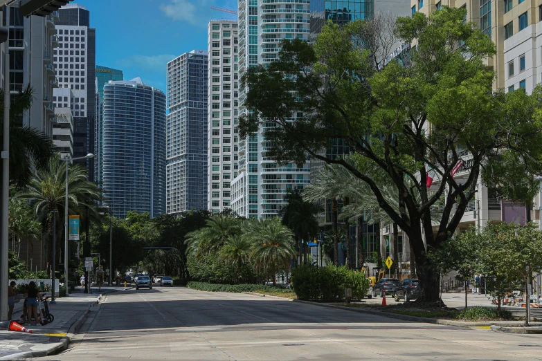 the view of several buildings from across the street