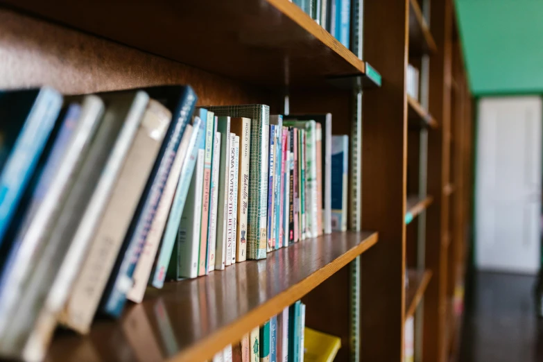 there are several shelves in this room with many books