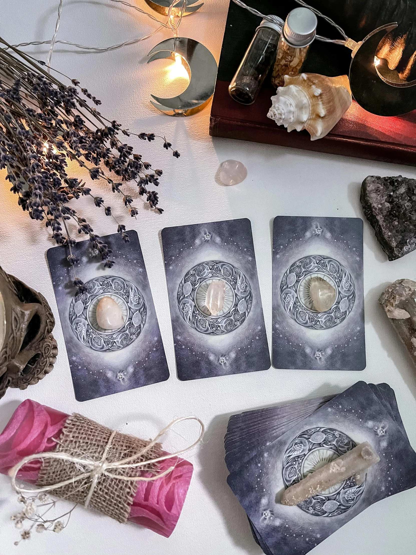 oracle cards are scattered out of the package and arranged on the table