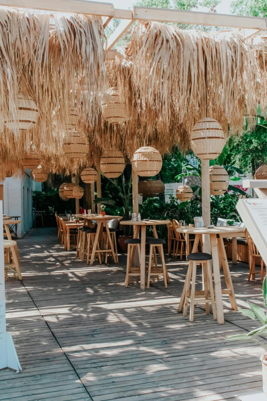 an outdoor covered patio with wooden tables and chairs