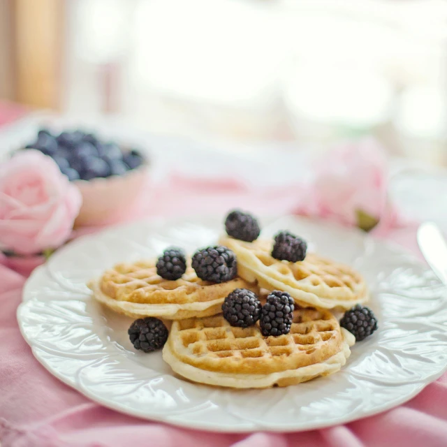 waffles with berries sit on a plate