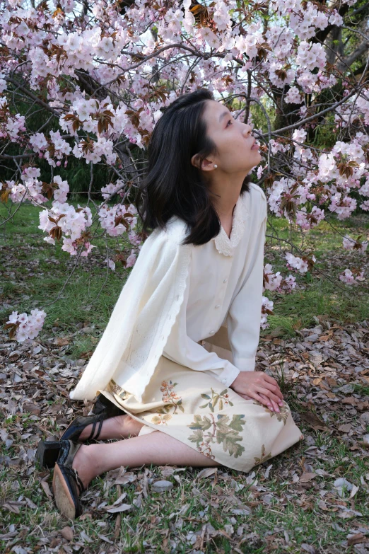 a woman sits in front of a cherry blossom tree