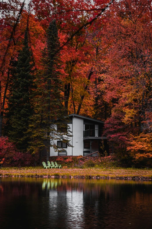 a cabin sits by the edge of the water and is surrounded by colorful trees