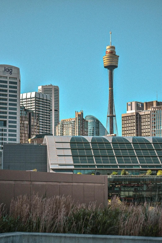 there is a long view of a tall tower with the other city in the background