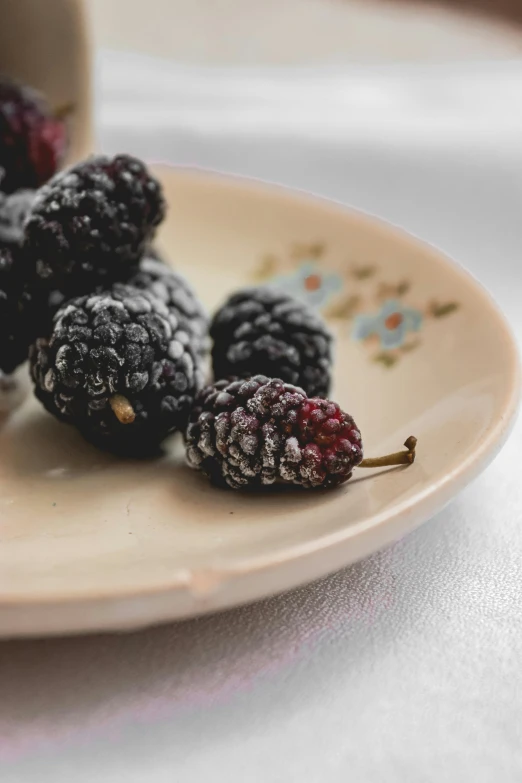 a plate with raspberries and two pieces of cake