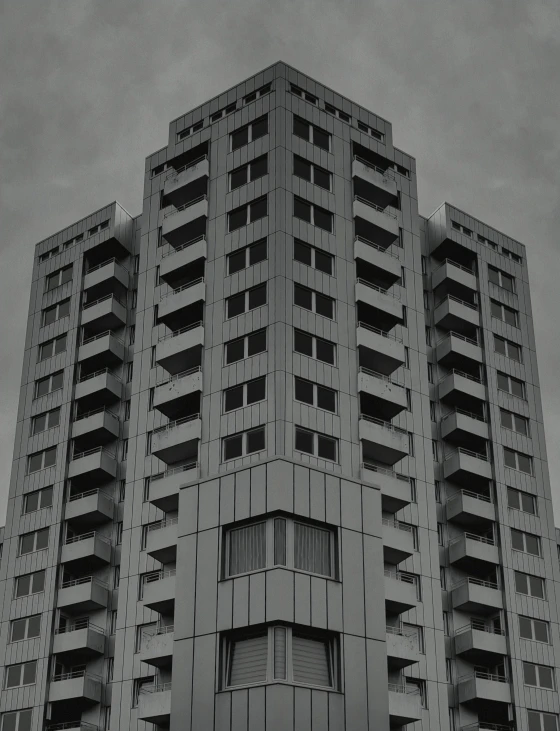 black and white pograph of a tall building in the snow