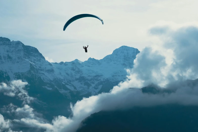 a person is parasailing through the clouds