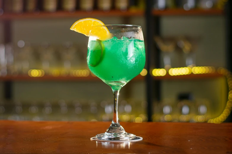 a ginny drink sits on a bar top