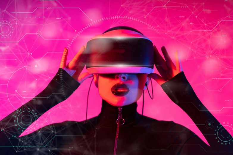 a woman with her hands on her head with a virtual reality headset in front of her
