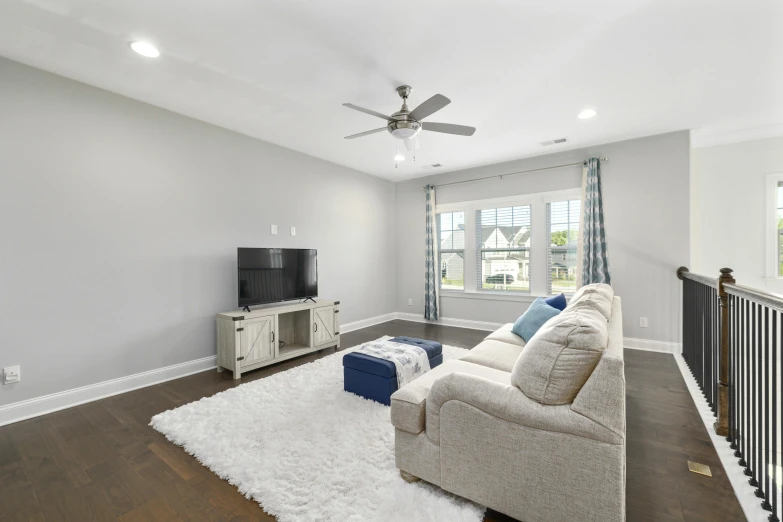 this living room has an oversized white rug