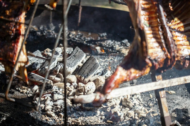 meat and other food cooking on the grill