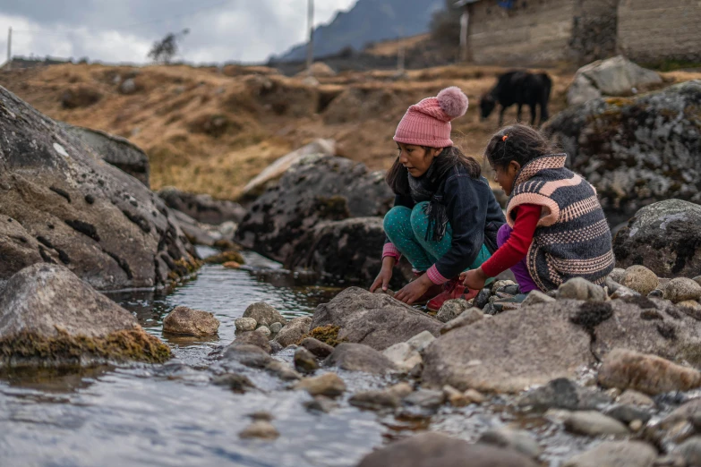 two children are looking at rocks near a stream