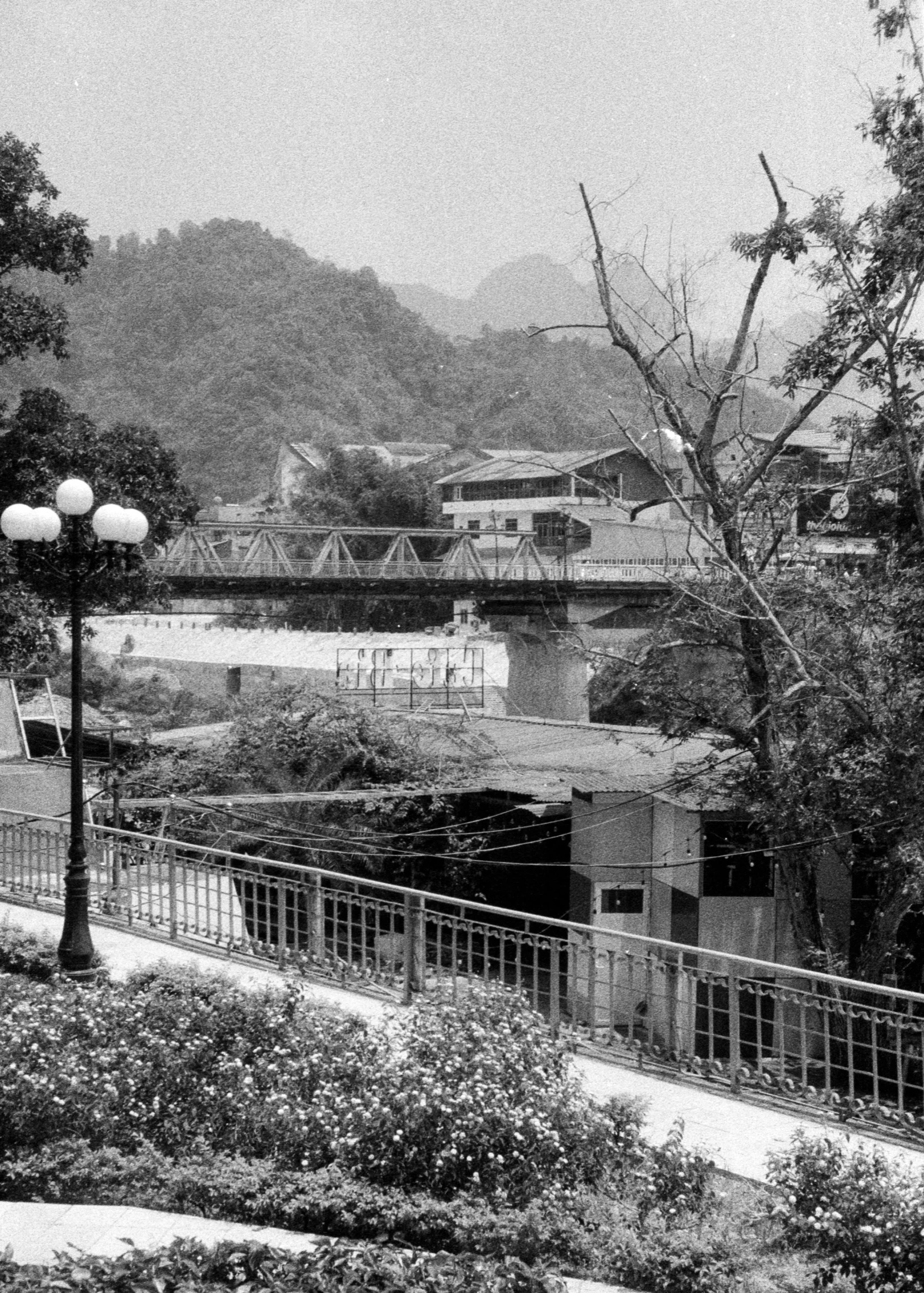 the bridge is next to the park that has trees around it