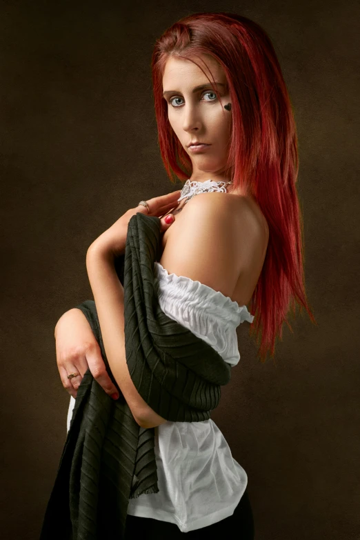 a woman with red hair in a black and white corset