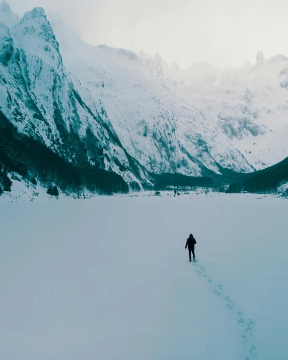 a person standing on a snow covered mountain looking at the horizon