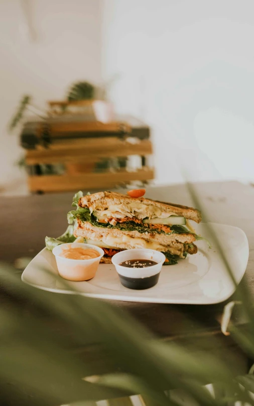 a sandwich is served on a plate with dipping sauce