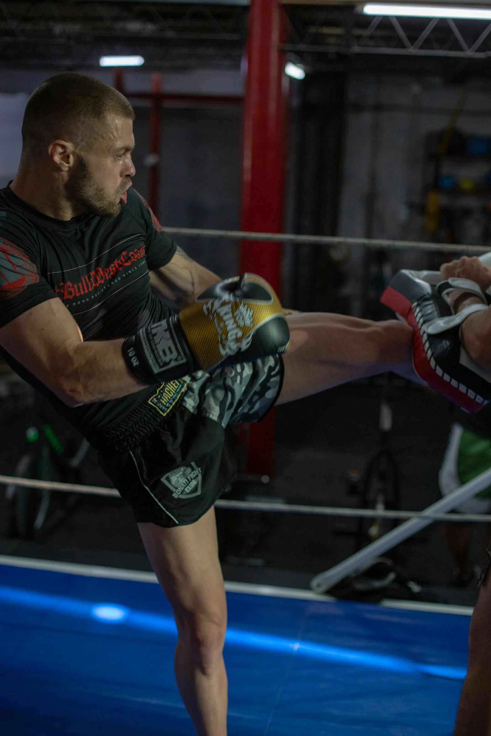 two men in black trunks and boxing gloves stand on their feet