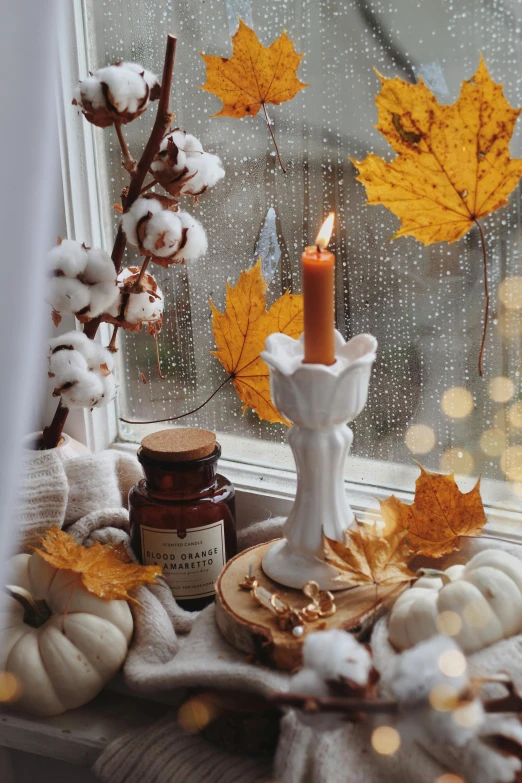 a candle, jar of maple syrup and some leaves