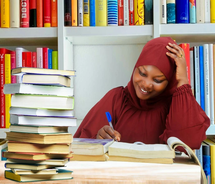 woman in hijab sits at desk with stacks of books and takes notes