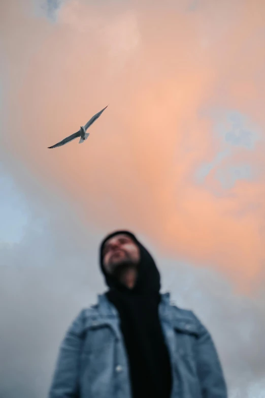 a man standing in front of a bird flying in the sky