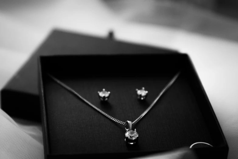 black and white pograph of jewelry in a velvet box