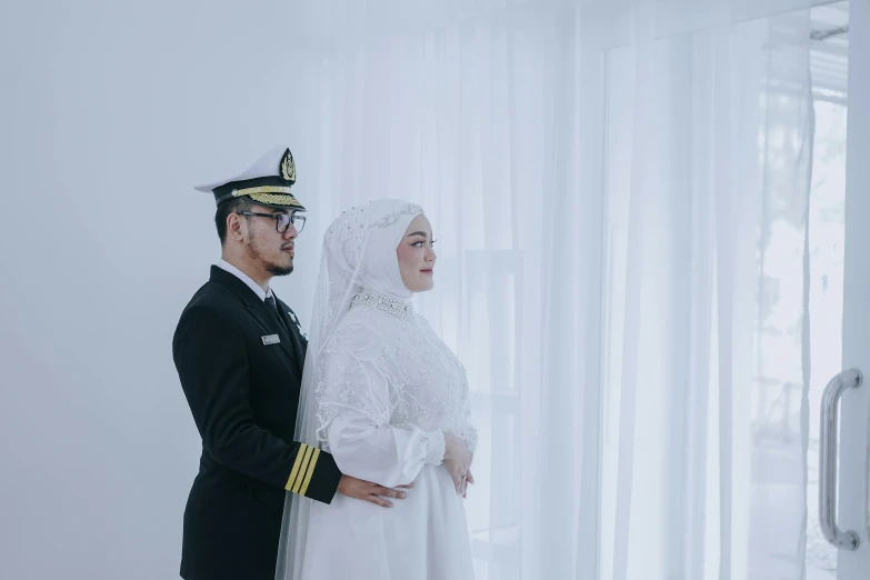 the bride is being pographed in a uniform of military