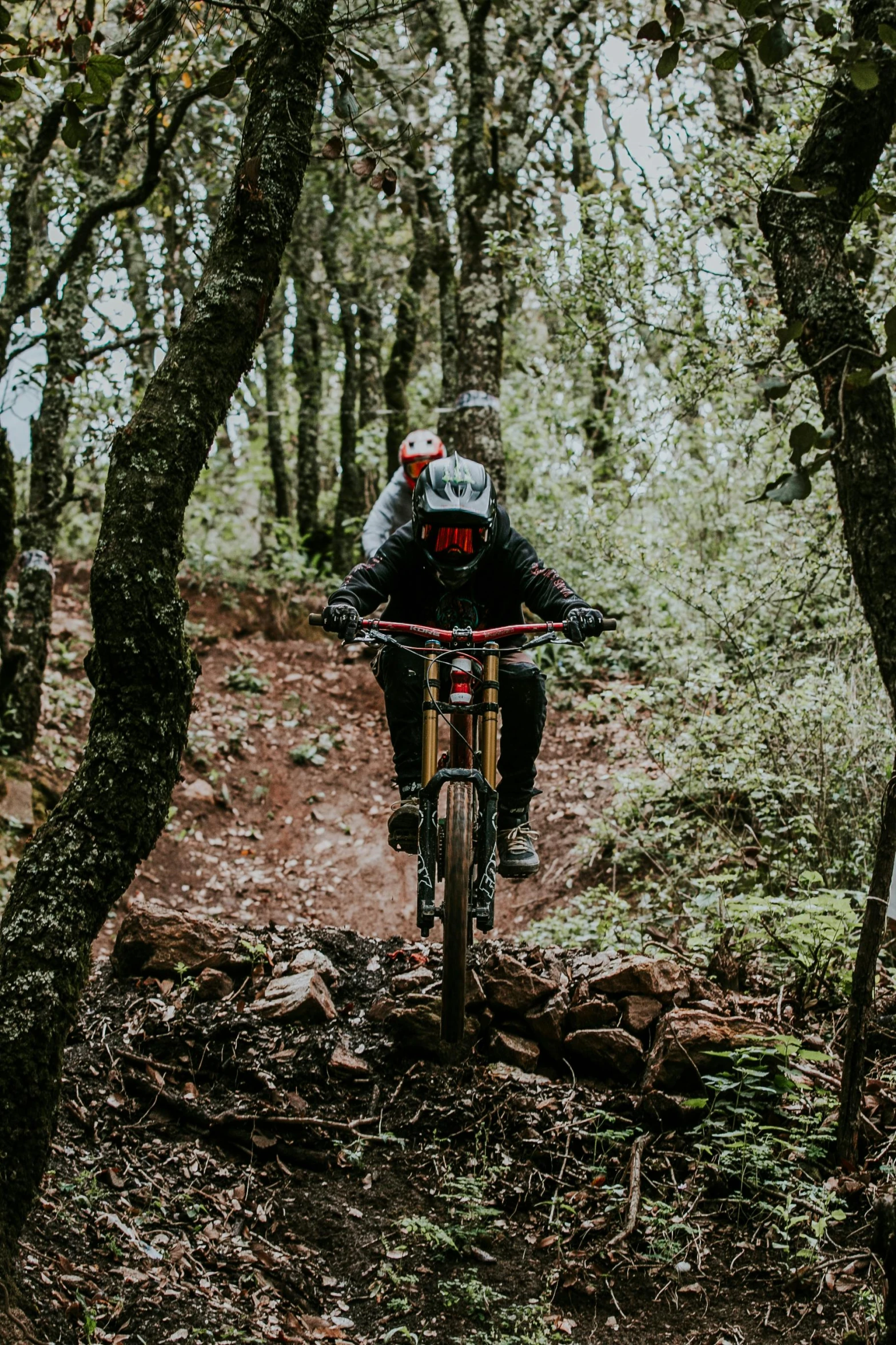 a man riding a bike in the woods on top of a hill