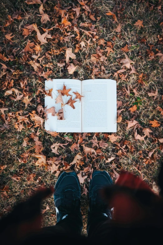 the person is looking down on the book outside