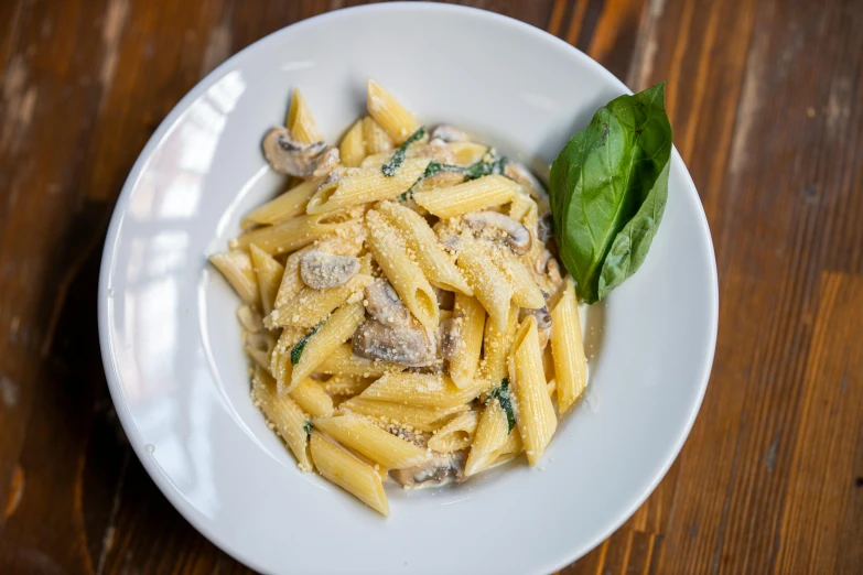 a bowl of pasta on a wooden table