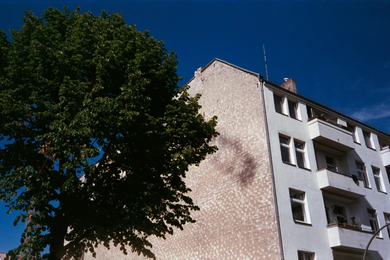 a tall building with many windows and trees outside