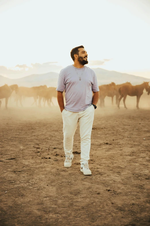 a man in the desert staring at the horses