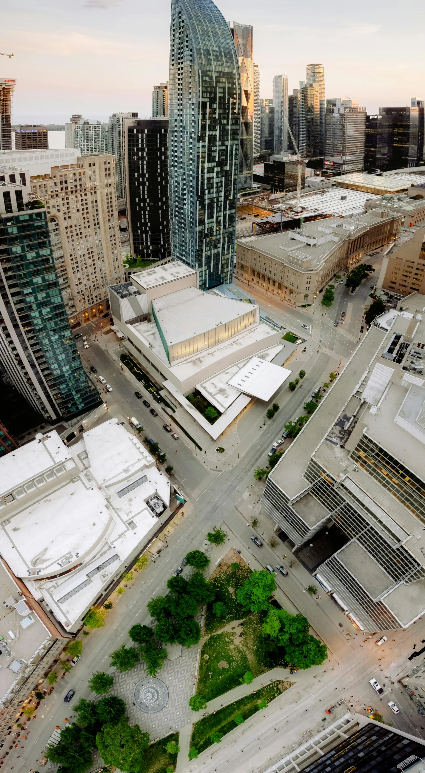 an aerial view of some city buildings and streets