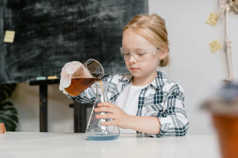 a little girl in glasses is making soing