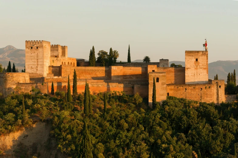 a castle with several towers surrounded by trees