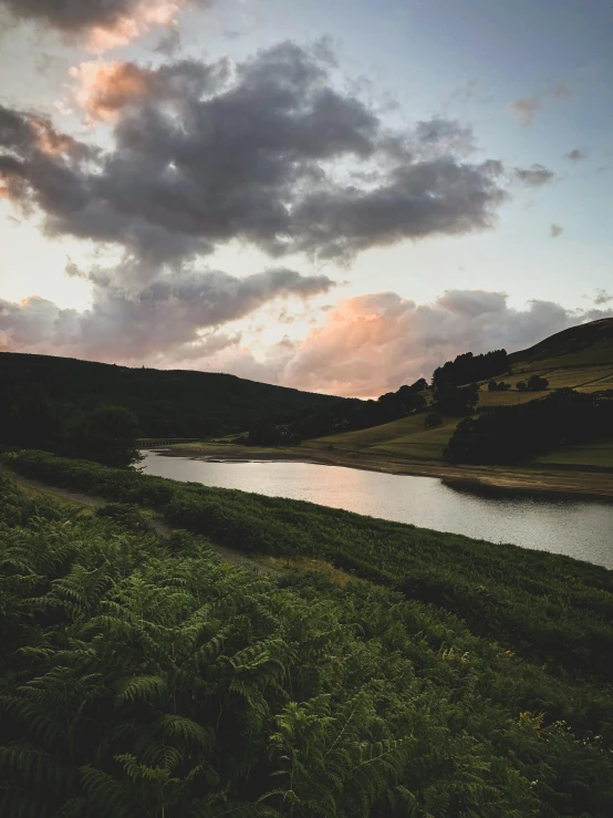 an image of a field with water and hills