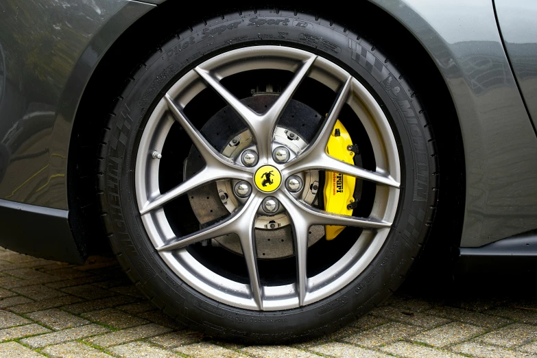 the wheel on a car parked on a brick road