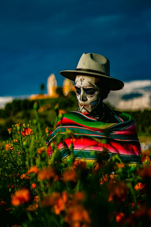 the person is dressed in makeup while walking through flowers