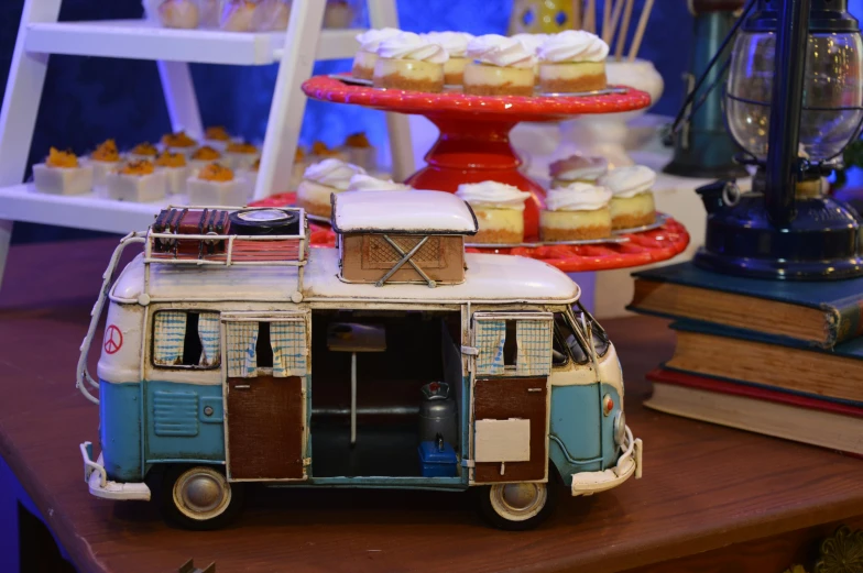 a vintage camper with cookies in the roof