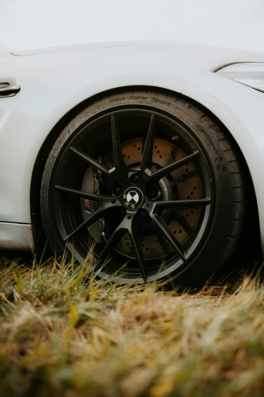 a close up of a white car with some grass