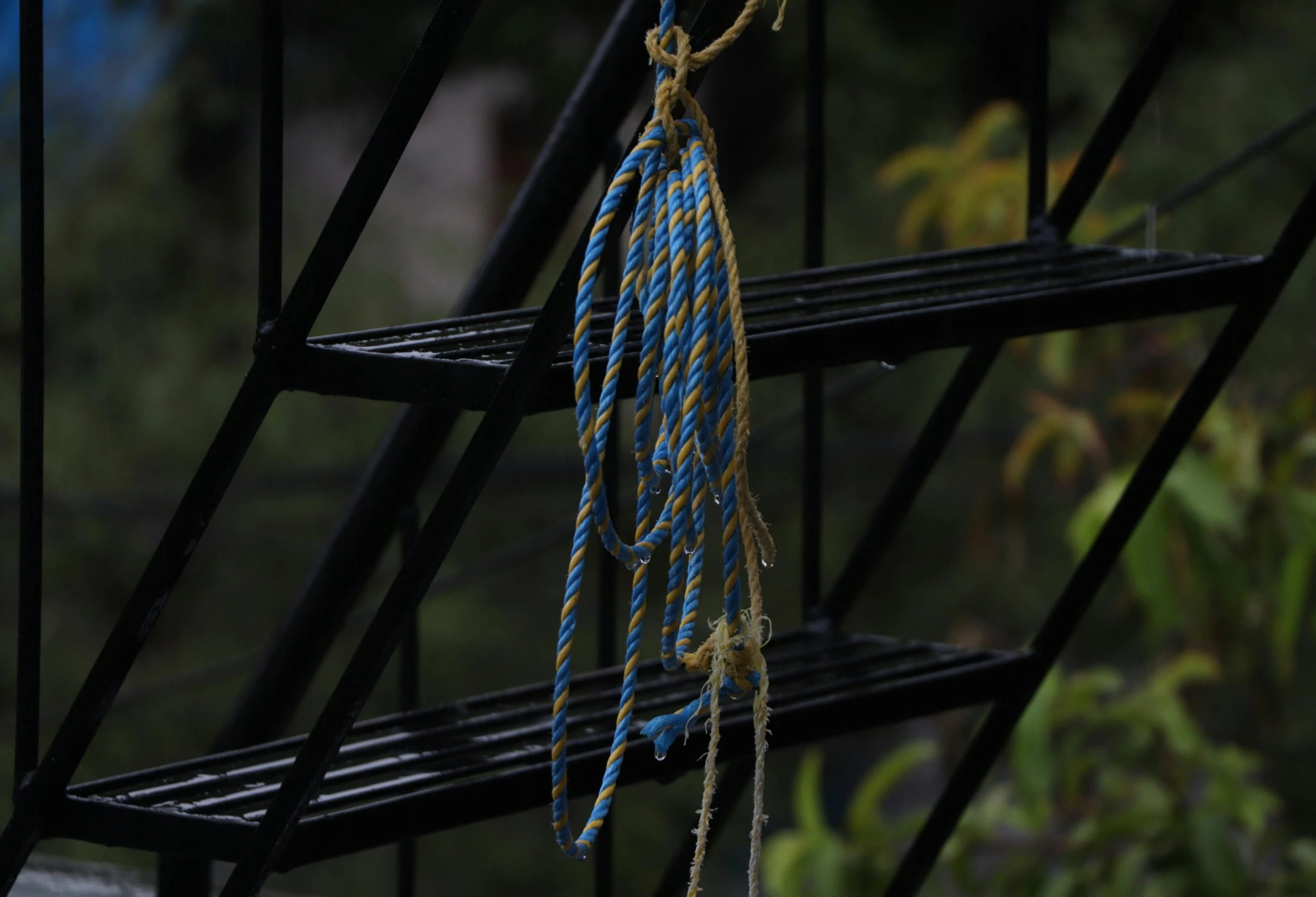 a blue rope and brown rope on a black railing