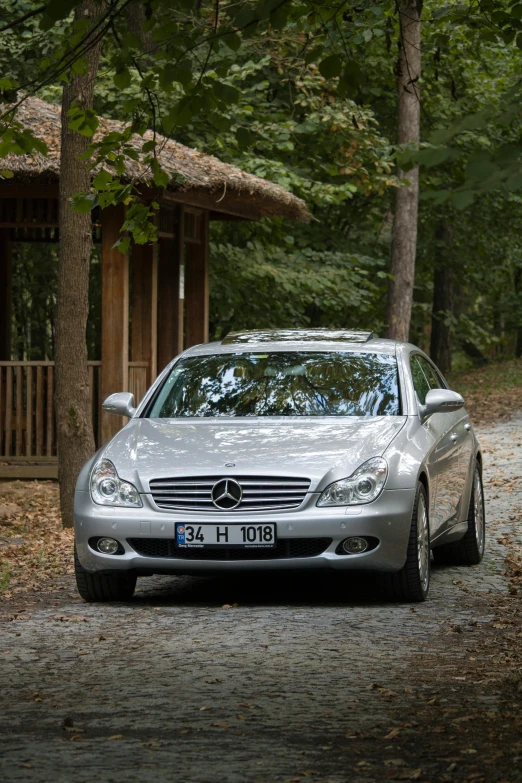 silver car parked in driveway near building with trees