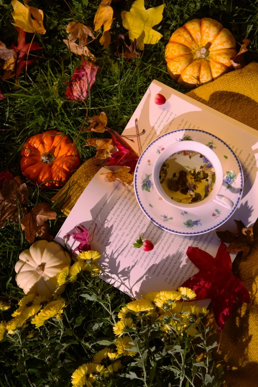 an image of a cup of tea with fall leaves