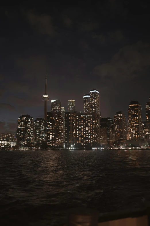 a view of a night city skyline from the ocean