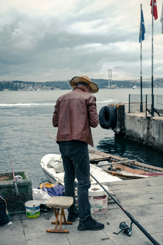 a man standing on a dock in front of the water